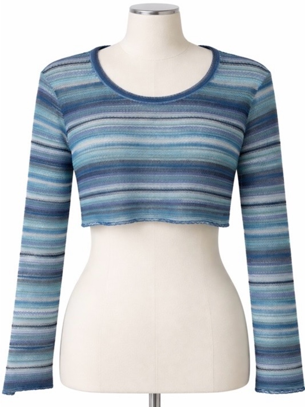 Y2K Crop Top Open Knit L Blue Green Long Sleeve Beachy Boho Festival Sweater